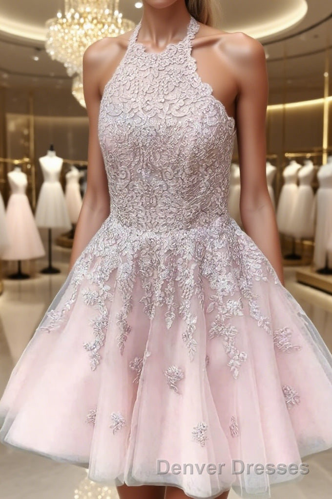 A-Line/Princess Halter Short/Mini Tulle Homecoming Dress With Appliques Lace Main image