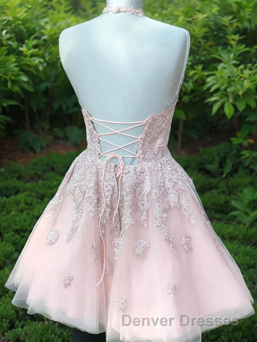 A-Line/Princess Halter Short/Mini Tulle Homecoming Dress With Appliques Lace Secondary image