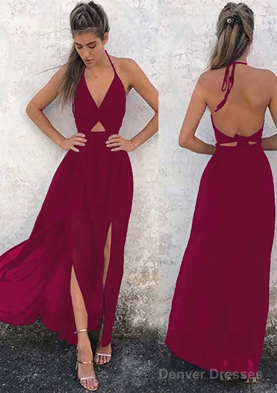 A-line/Princess Halter Sleeveless Ankle-Length Chiffon Prom Dresses With Split