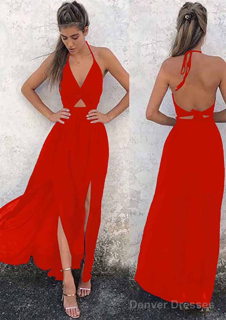 A-line/Princess Halter Sleeveless Ankle-Length Chiffon Prom Dresses With Split