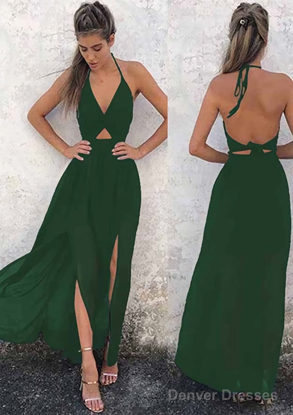 A-line/Princess Halter Sleeveless Ankle-Length Chiffon Prom Dresses With Split