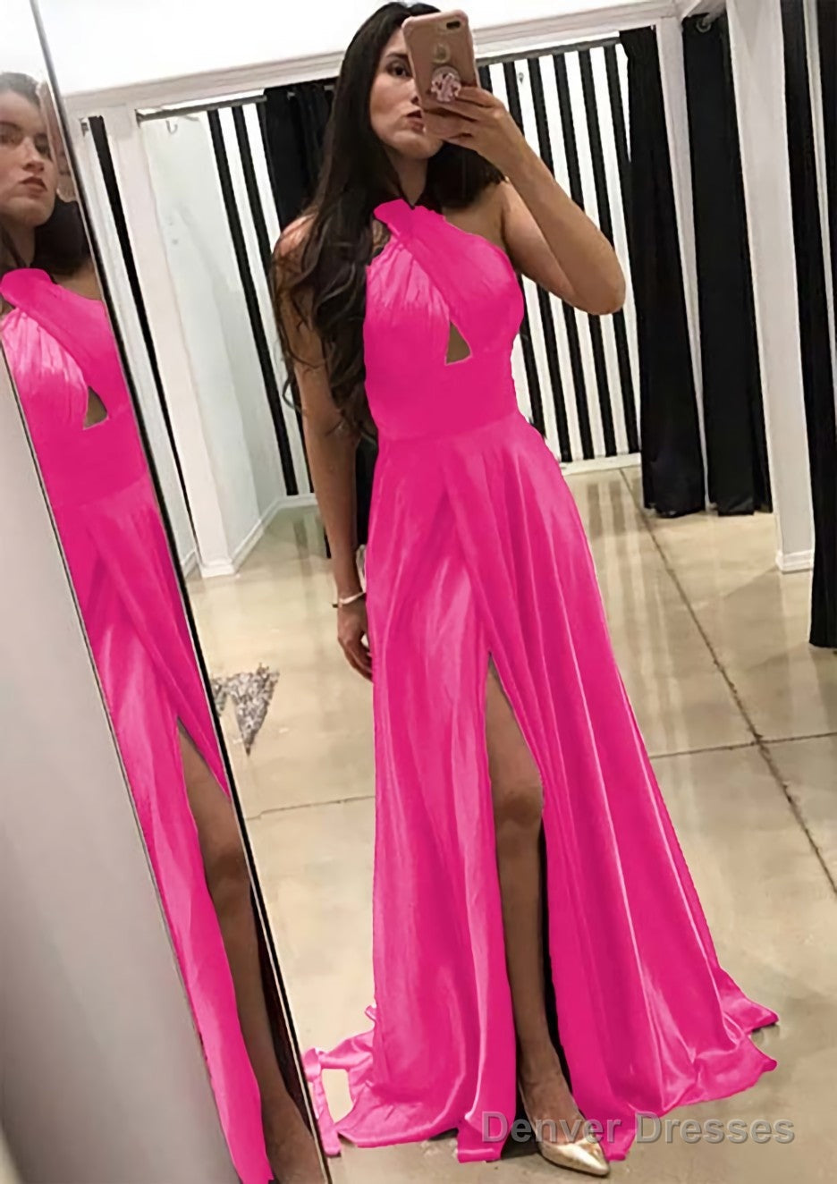 A-line/Princess Halter Sleeveless Sweep Train Charmeuse Prom Dresses With Split