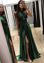 A-line/Princess Halter Sleeveless Sweep Train Charmeuse Prom Dresses With Split