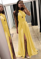 A-line/Princess Halter Sleeveless Sweep Train Charmeuse Prom Dresses With Split