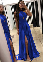 A-line/Princess Halter Sleeveless Sweep Train Charmeuse Prom Dresses With Split