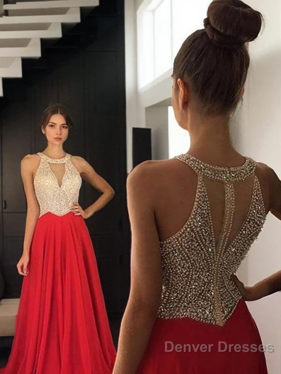 A-Line/Princess Halter Sweep Train Chiffon Evening Dresses With Beading Main image