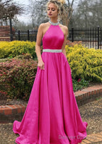 A-line/Princess High-Neck Sleeveless Sweep Train Satin Prom Dresses With Waistband Beading