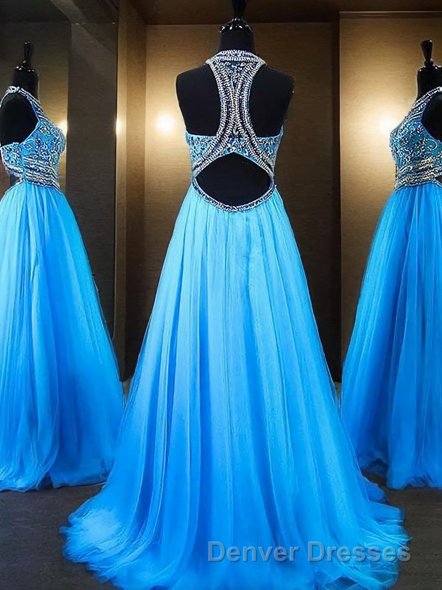 A-Line/Princess Jewel Sweep Train Tulle Evening Dress With Beading Secondary image