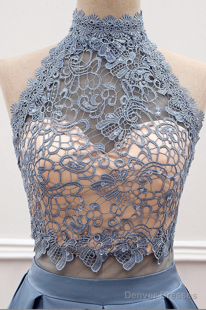 A-Line/Princess Lace & Satin Halter Cut-Out Back Prom Dress Secondary image