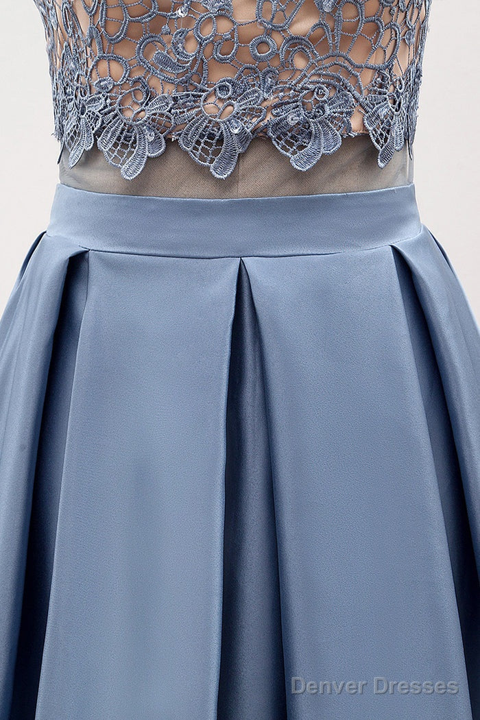 A-Line/Princess Lace & Satin Halter Cut-Out Back Prom Dress