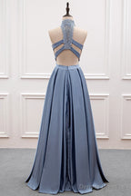 A-Line/Princess Lace & Satin Halter Cut-Out Back Prom Dress