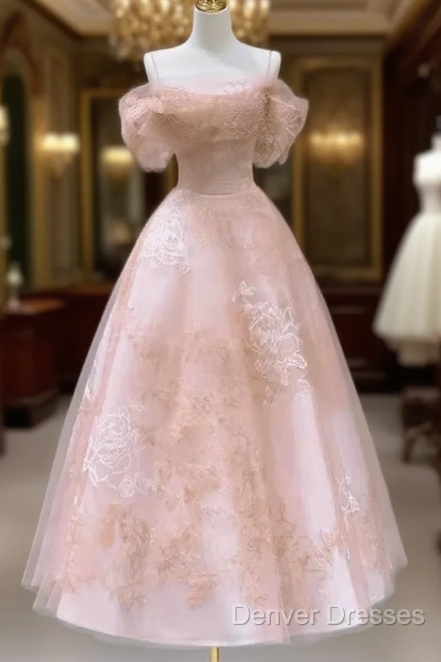 A-Line Princess Lovely Pink Tea Length Straps Tulle Formal Dress Prom Dress