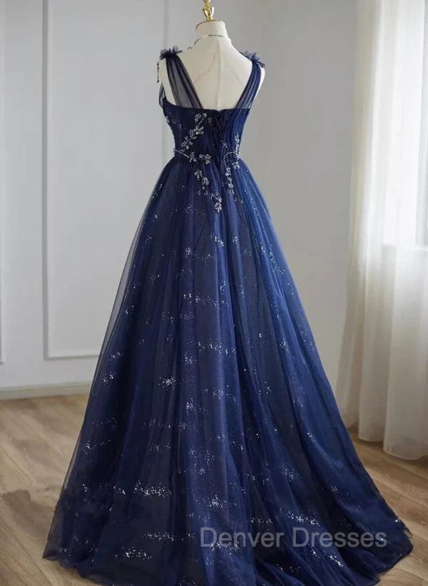 A-Line Princess Navy Blue Tulle Beaded V-neckline Party Dress Shiny Tulle Prom Dress Secondary image
