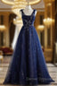 A-Line Princess Navy Blue Tulle Beaded V-neckline Party Dress Shiny Tulle Prom Dress
