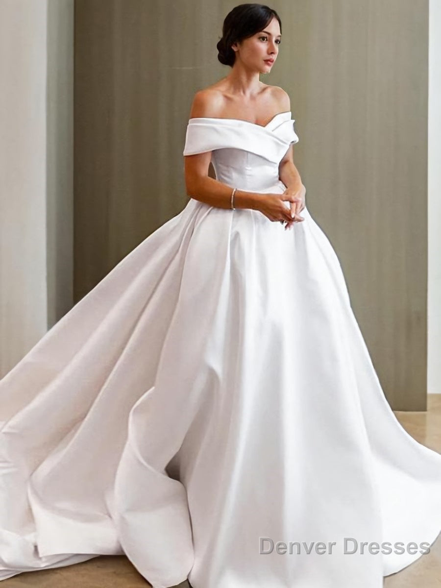 A-Line/Princess Off-the-Shoulder Chapel Train Satin Wedding Dresses Main image