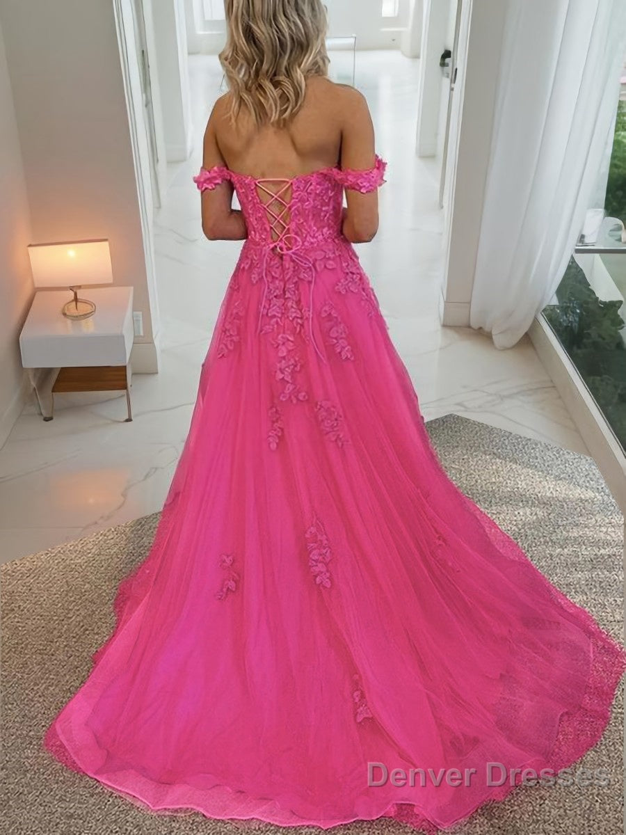 A-Line/Princess Off-the-Shoulder Court Train Tulle Prom Dresses With Leg Slit Secondary image