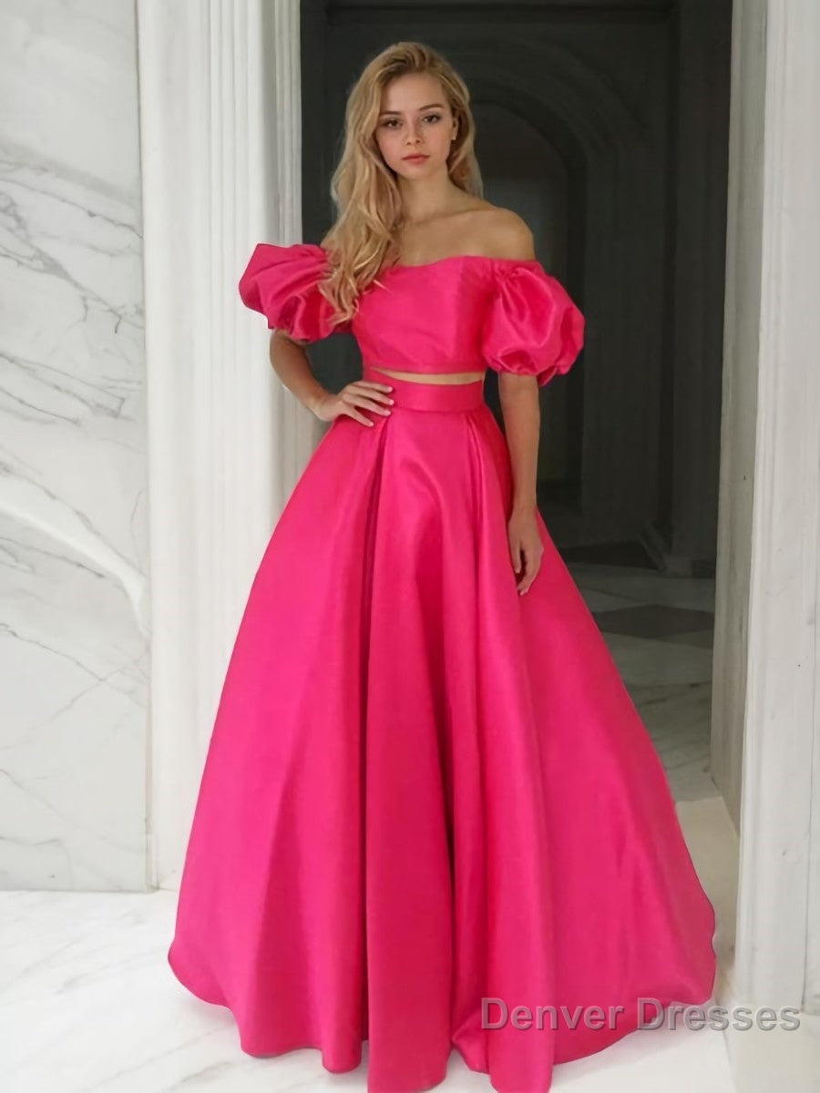 A-Line/Princess Off-the-Shoulder Floor-Length Satin Prom Dresses Main image