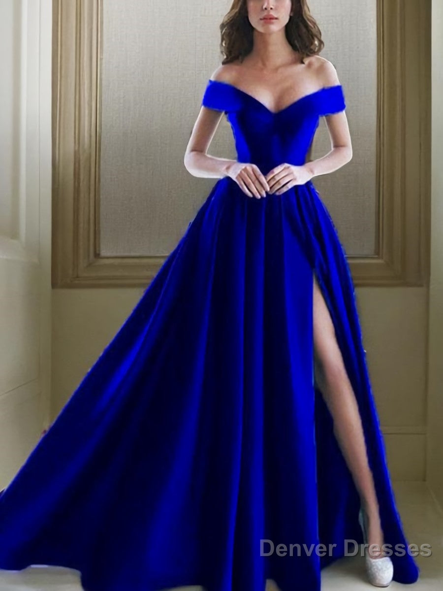 A-Line/Princess Off-the-Shoulder Floor-Length Satin Prom Dresses With Leg Slit Main image