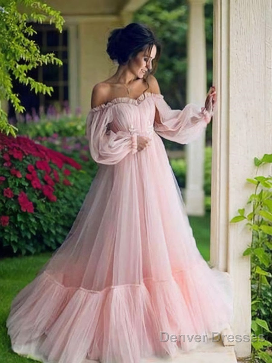 A-Line/Princess Off-the-Shoulder Floor-Length Tulle Prom Dresses With Appliques Lace Main image