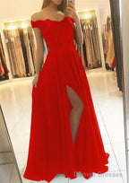 A-line/Princess Off-the-Shoulder Sleeveless Long/Floor-Length Chiffon Prom Dresses With Beading Split
