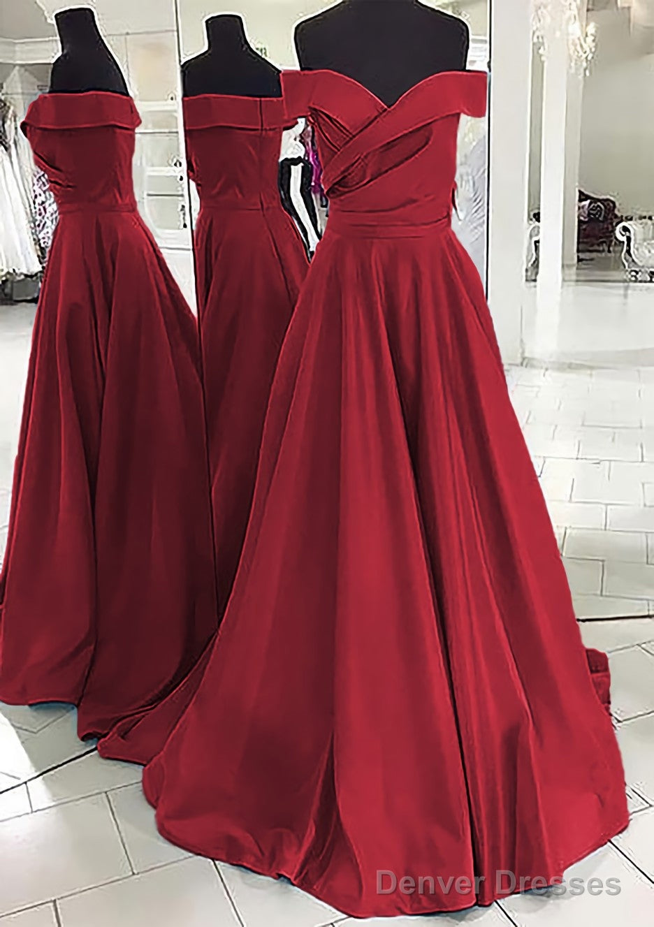 A-line/Princess Off-the-Shoulder Sleeveless Sweep Train Satin Prom Dresses