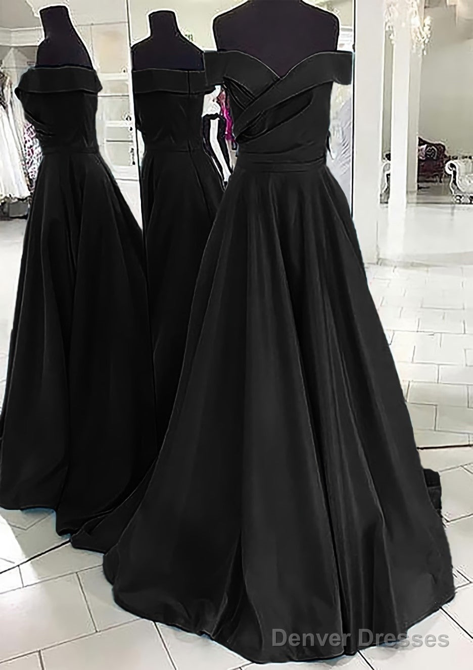 A-line/Princess Off-the-Shoulder Sleeveless Sweep Train Satin Prom Dresses