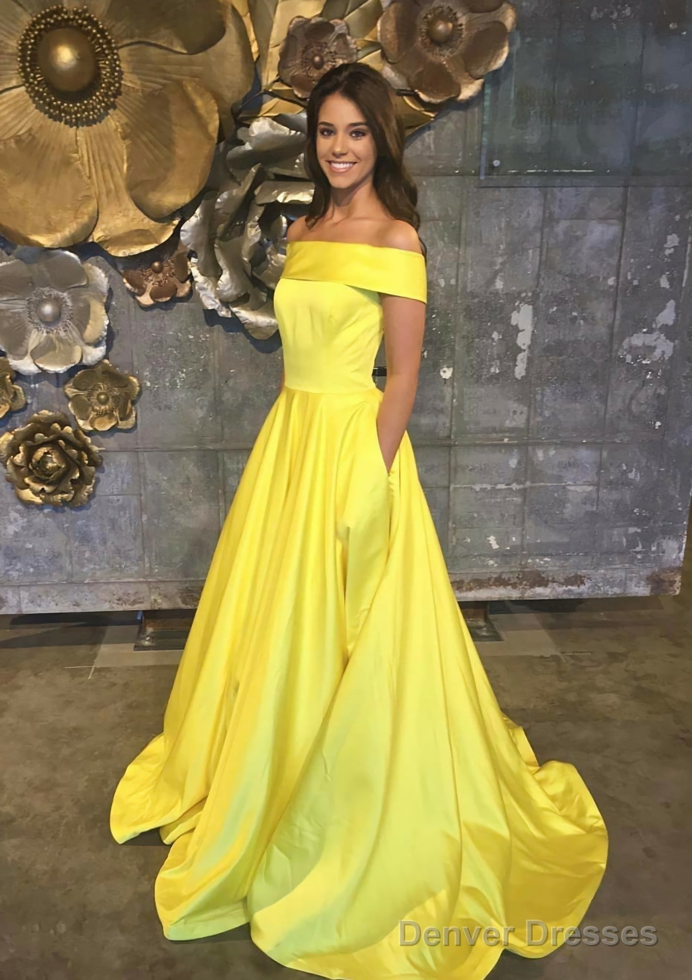 A-line/Princess Off-the-Shoulder Sleeveless Sweep Train Satin Prom Dresses With Low Back Main image