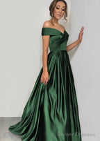 A-line/Princess Off-the-Shoulder Sleeveless Sweep Train Satin Prom Dresses With Pleated