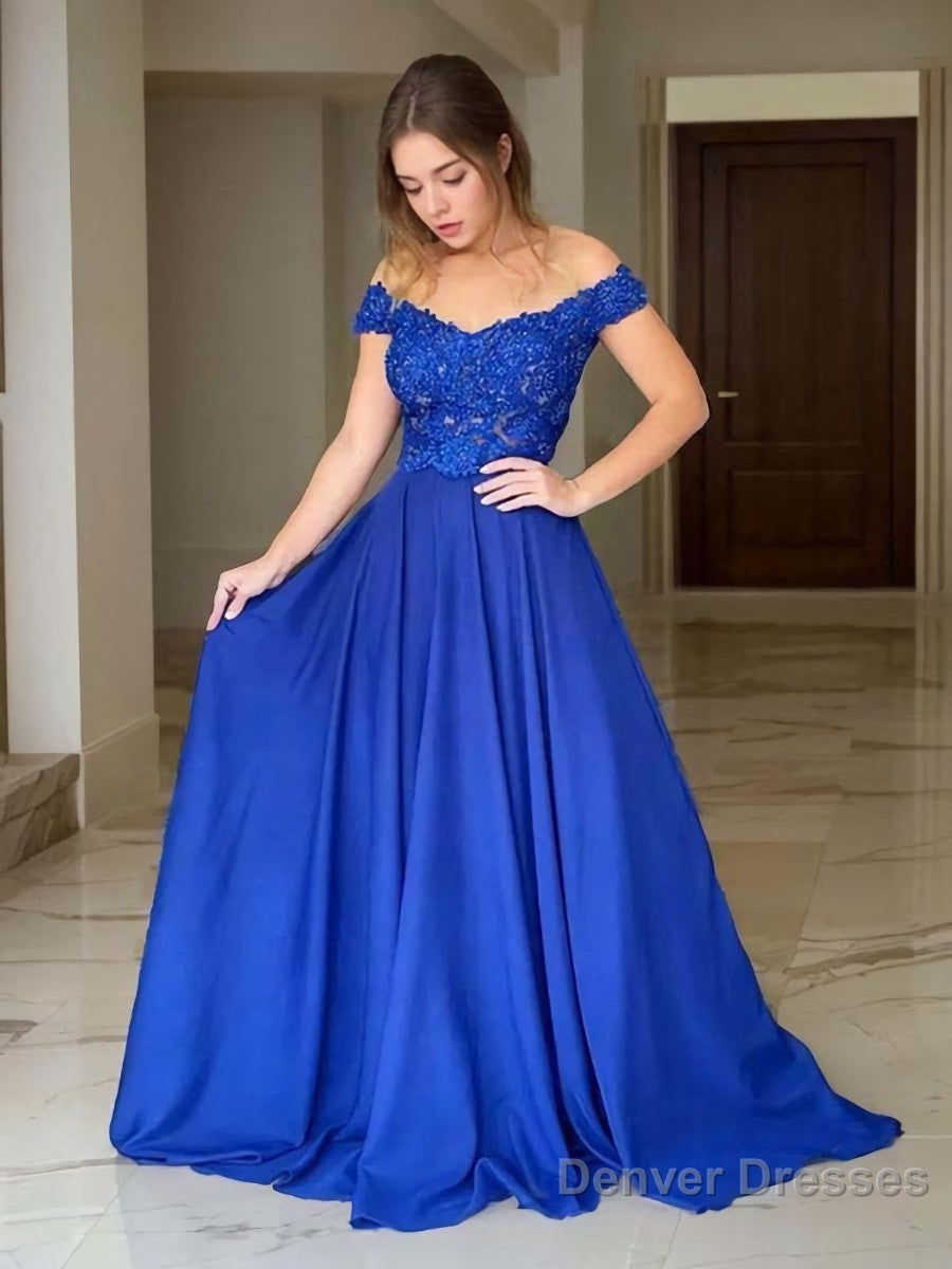 A-Line/Princess Off-the-Shoulder Sweep Train Elastic Woven Satin Evening Dresses With Appliques Lace Main image