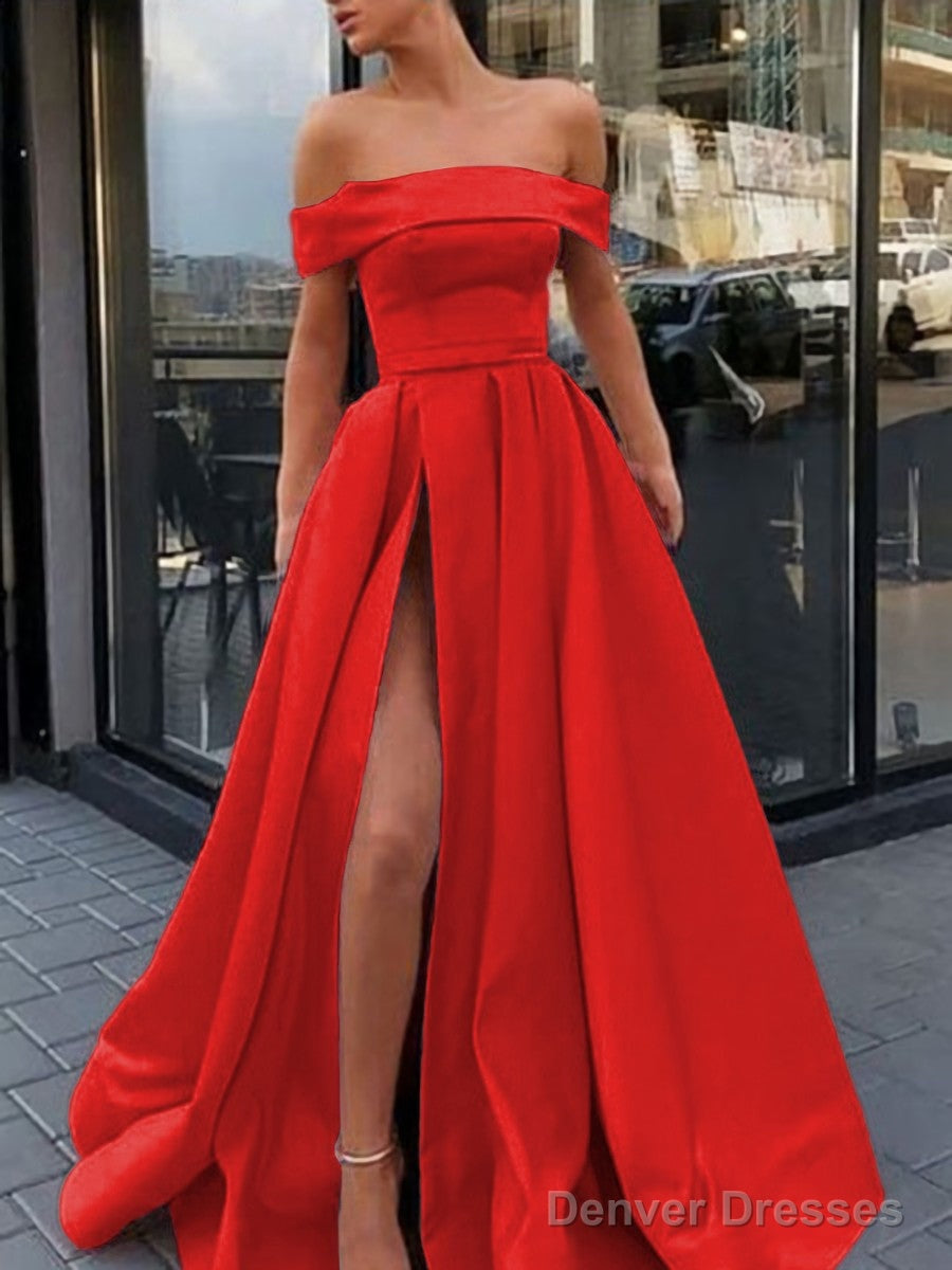 A-Line/Princess Off-the-Shoulder Sweep Train Satin Prom Dresses With Leg Slit