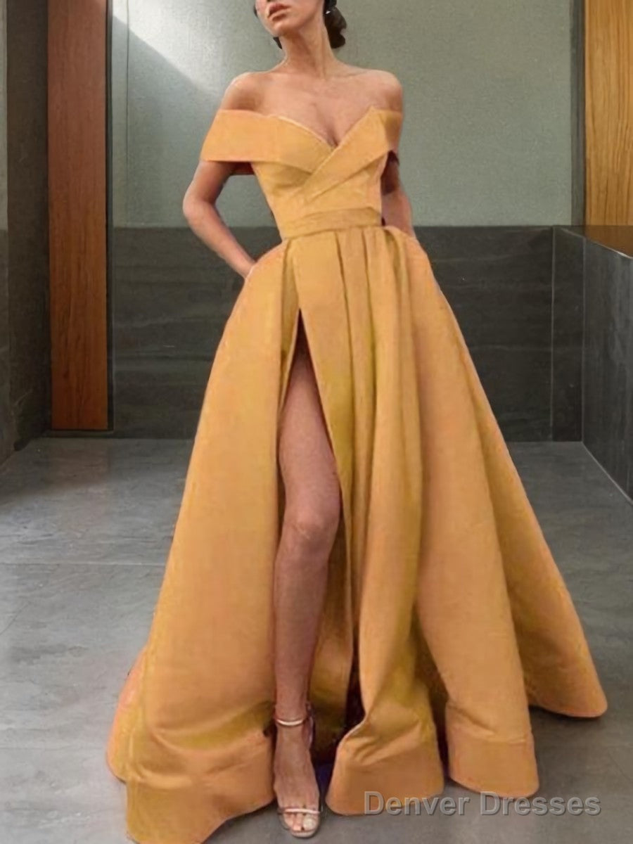 A-Line/Princess Off-the-Shoulder Sweep Train Satin Prom Dresses With Leg Slit Main image