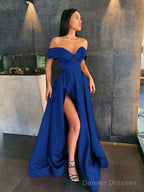 A-Line/Princess Off-the-Shoulder Sweep Train Satin Prom Dresses With Leg Slit