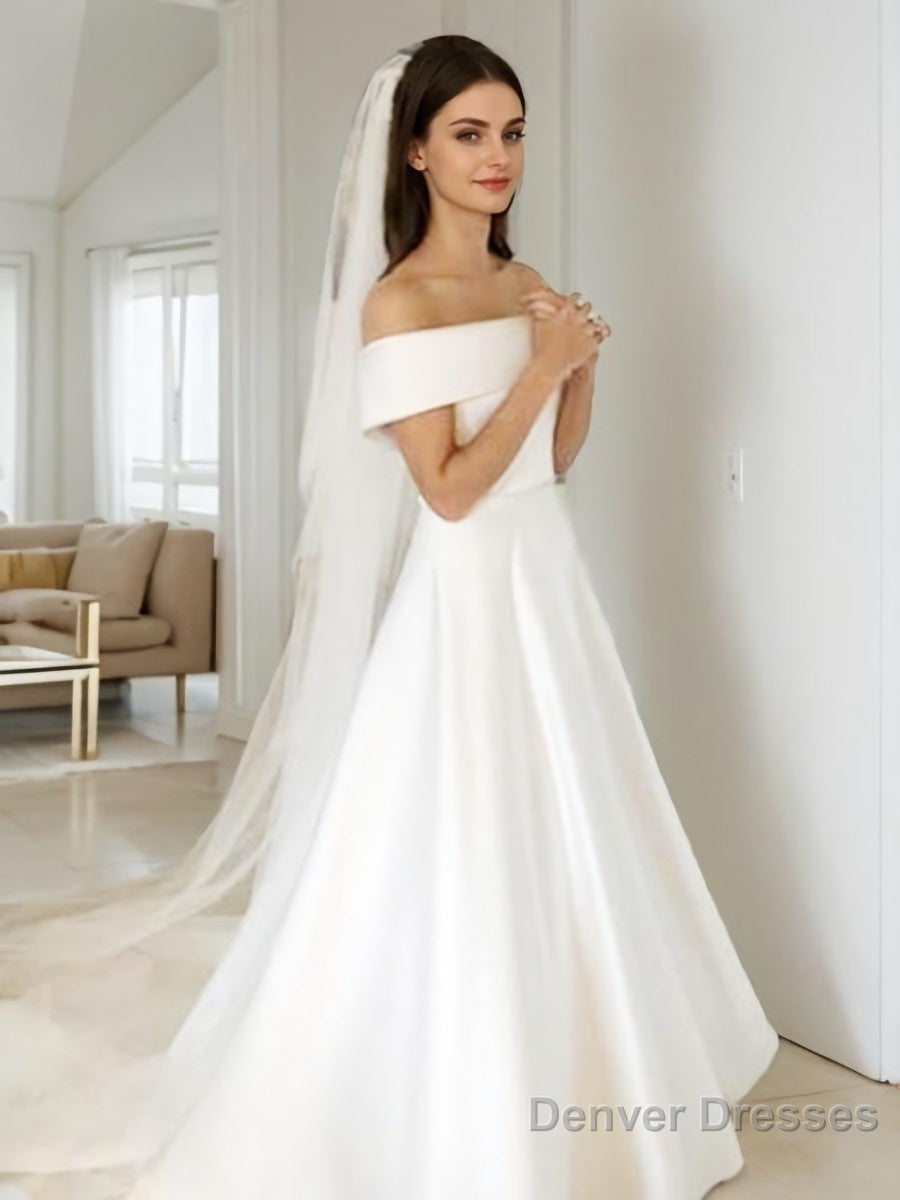 A-Line/Princess Off-the-Shoulder Sweep Train Satin Wedding Dresses Main image