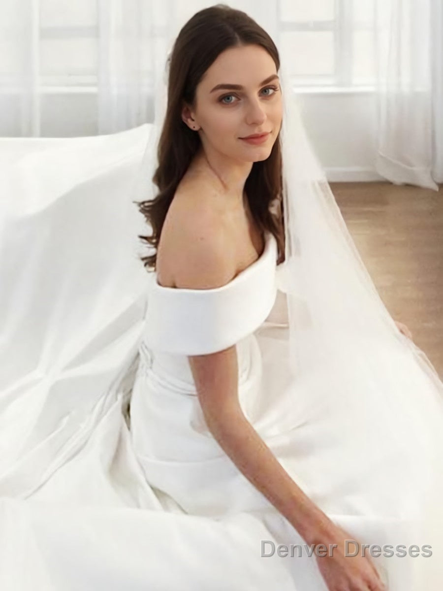 A-Line/Princess Off-the-Shoulder Sweep Train Satin Wedding Dresses