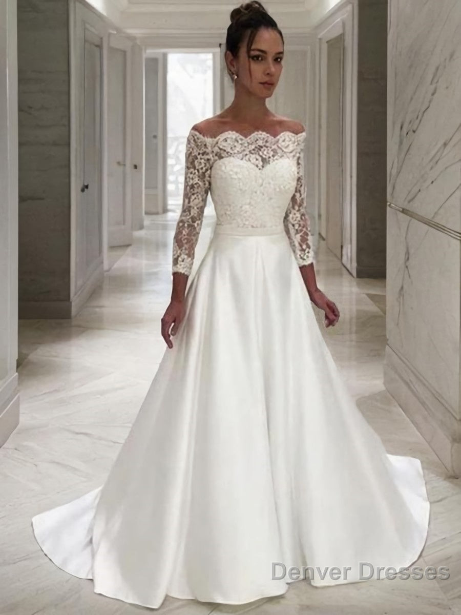 A-Line/Princess Off-the-Shoulder Sweep Train Satin Wedding Dresses With Belt/Sash Main image