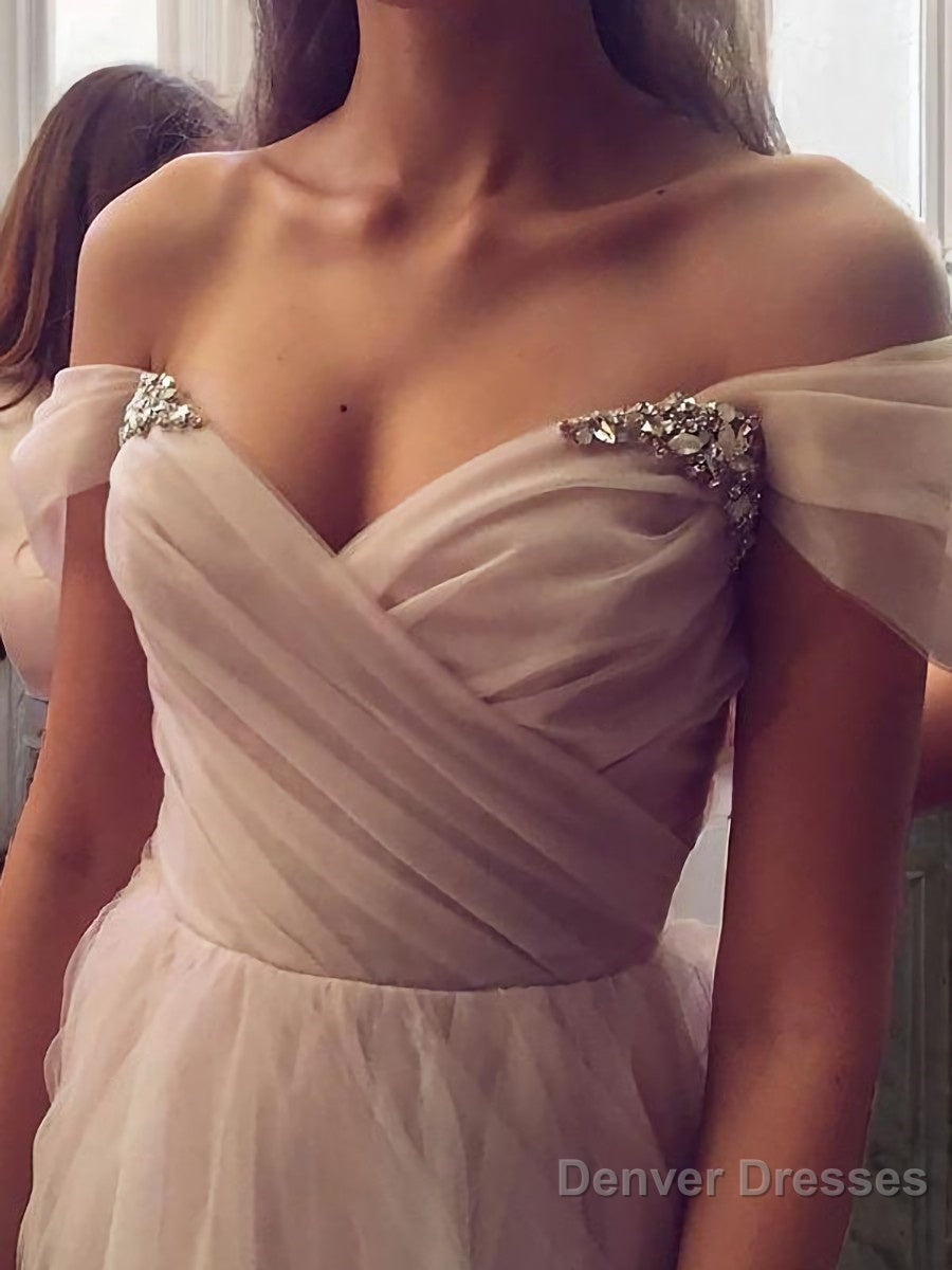 A-Line/Princess Off-the-Shoulder Sweep Train Tulle Prom Dresses With Ruffles Secondary image