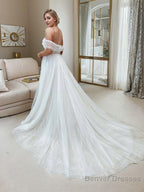A-Line/Princess Off-the-Shoulder Sweep Train Tulle Wedding Dresses