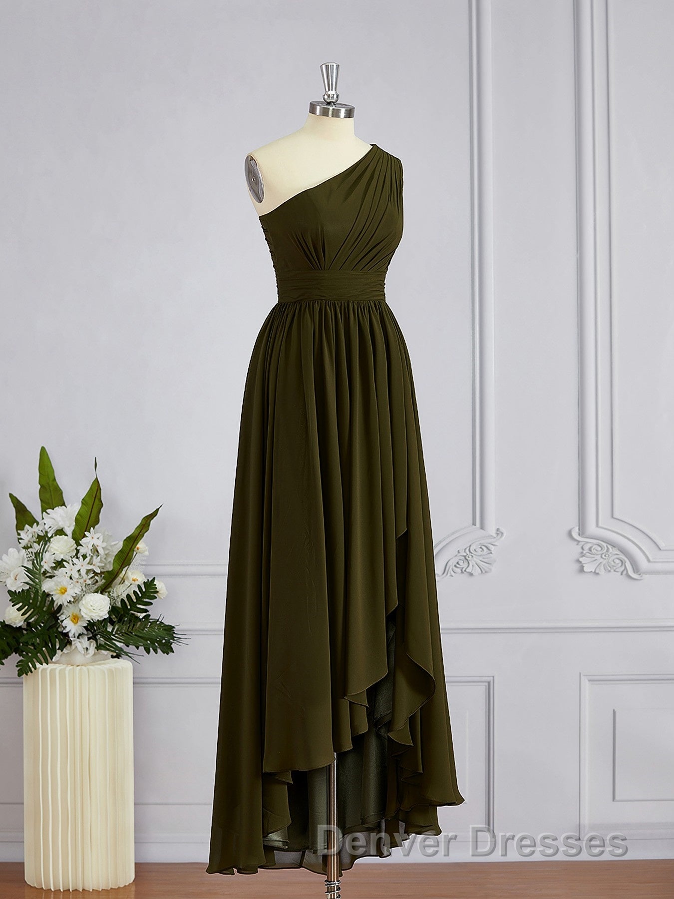 A-Line/Princess One-Shoulder Asymmetrical Chiffon Bridesmaid Dress with Pleated