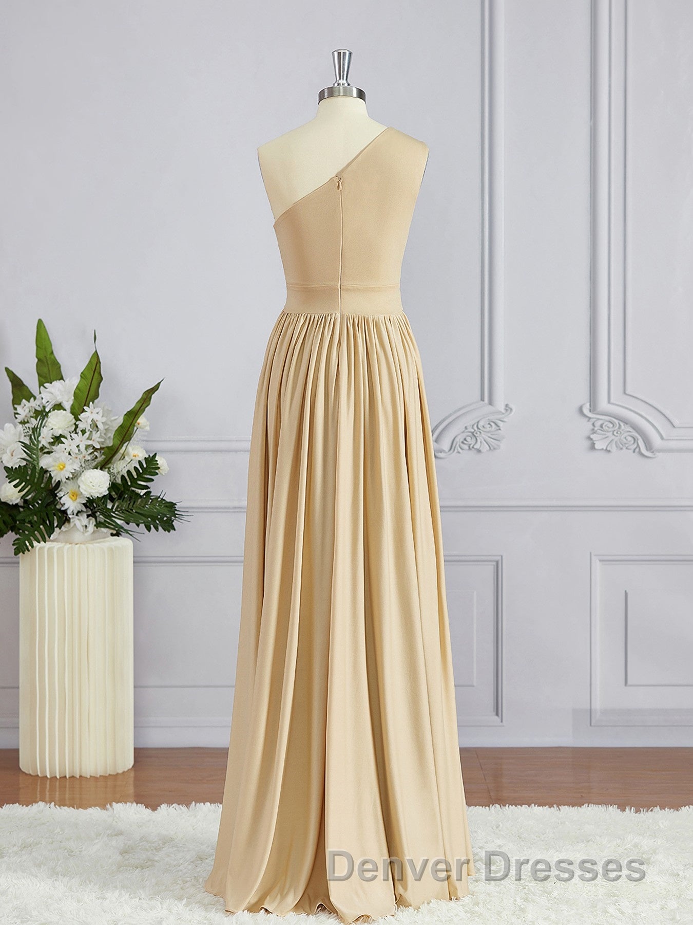A-Line/Princess One-Shoulder Floor-Length Jersey Bridesmaid Dress with Leg Slit