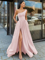 A-Line/Princess One-Shoulder Floor-Length Satin Prom Dresses With Leg Slit