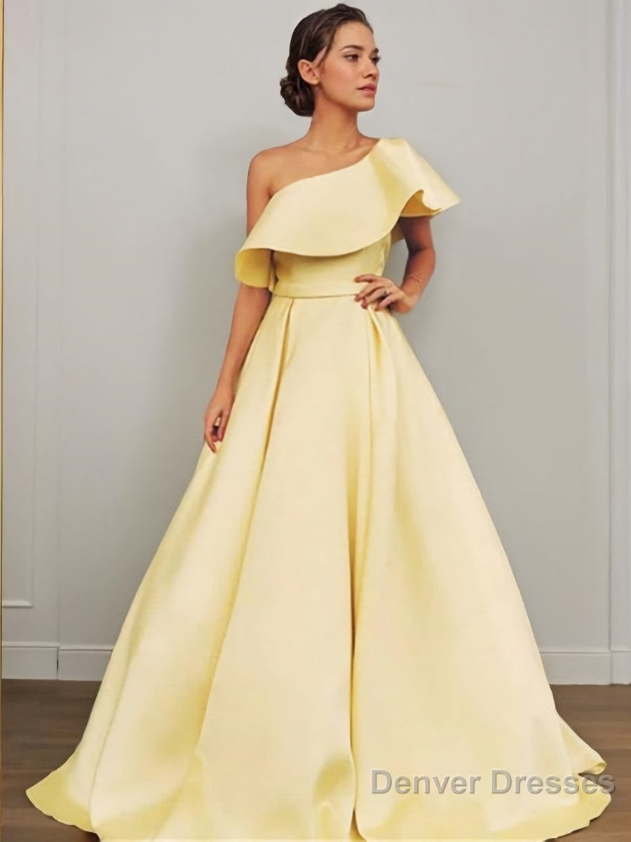 A-Line/Princess One-Shoulder Floor-Length Satin Prom Dresses With Ruffles Main image
