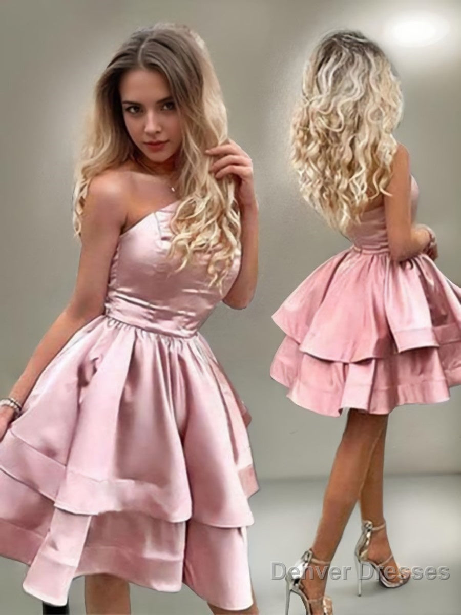 A-Line/Princess One-Shoulder Short/Mini Charmeuse Homecoming Dresses With Ruffles Secondary image