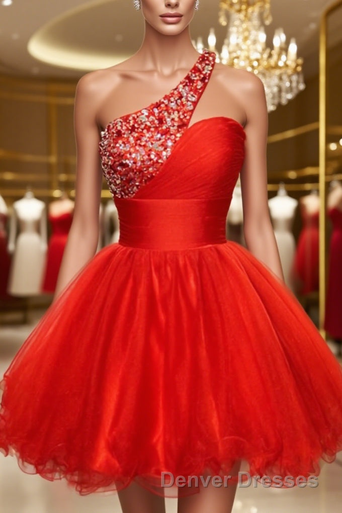 A-Line/Princess One-Shoulder Short/Mini Tulle Homecoming Dress With Sequin Main image