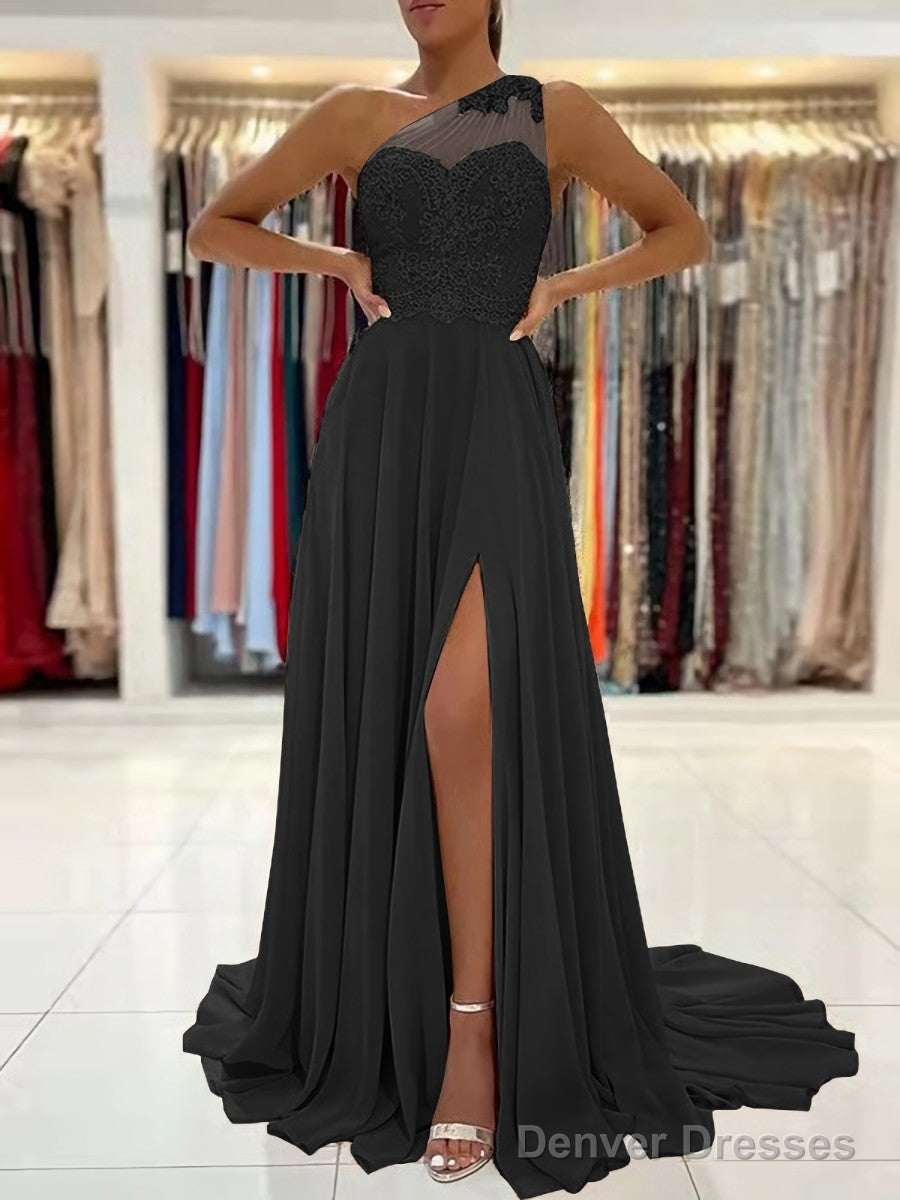 A-Line/Princess One-Shoulder Sweep Train Chiffon Prom Dresses With Leg Slit Secondary image