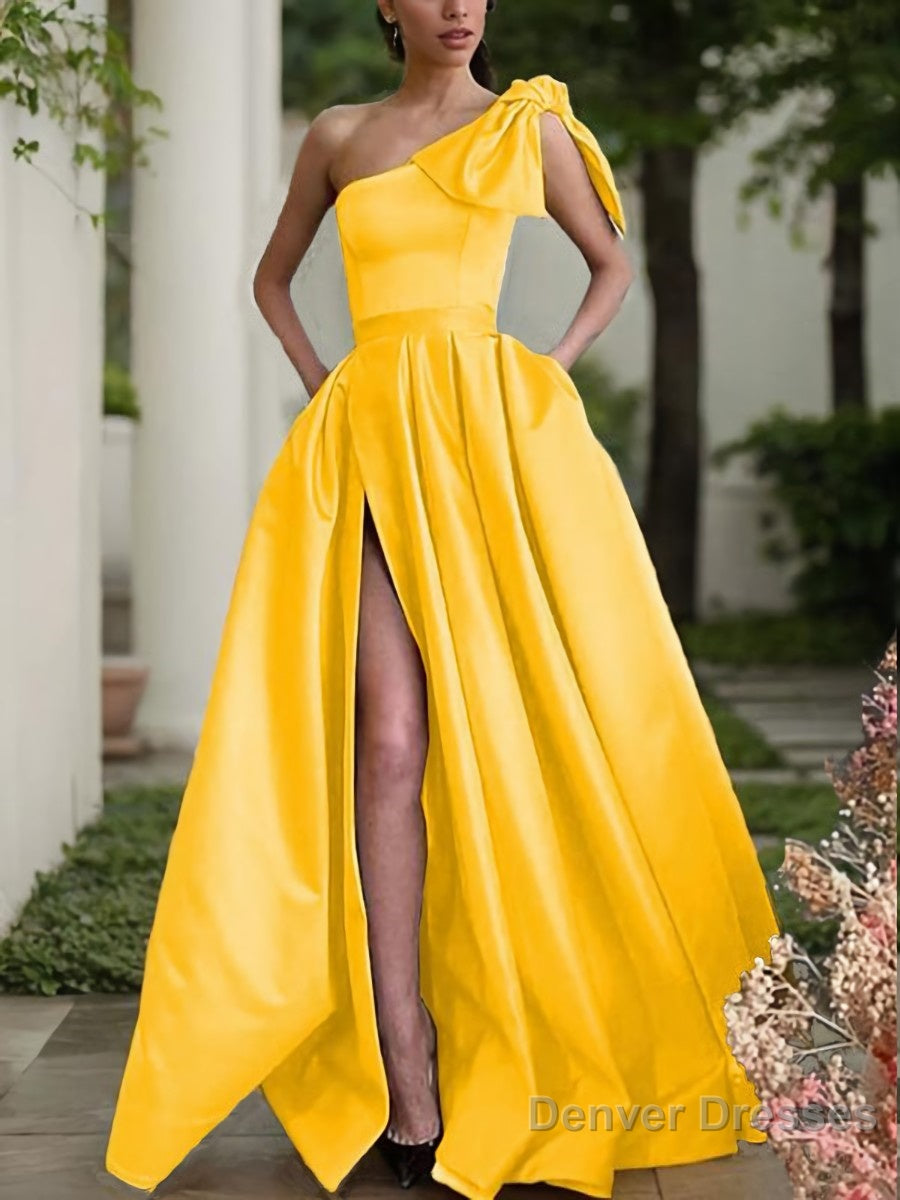 A-Line/Princess One-Shoulder Sweep Train Satin Prom Dresses With Leg Slit Main image