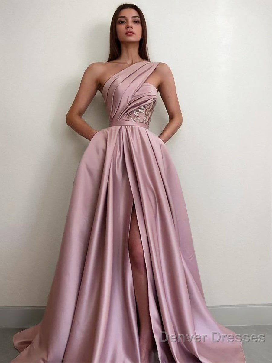 A-Line/Princess One-Shoulder Sweep Train Satin Prom Dresses With Pockets Main image