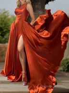 A-Line/Princess One-Shoulder Sweep Train Silk like Satin Prom Dresses With Leg Slit