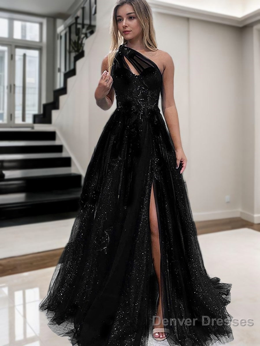 A-Line/Princess One-Shoulder Sweep Train Tulle Prom Dresses With Leg Slit Main image