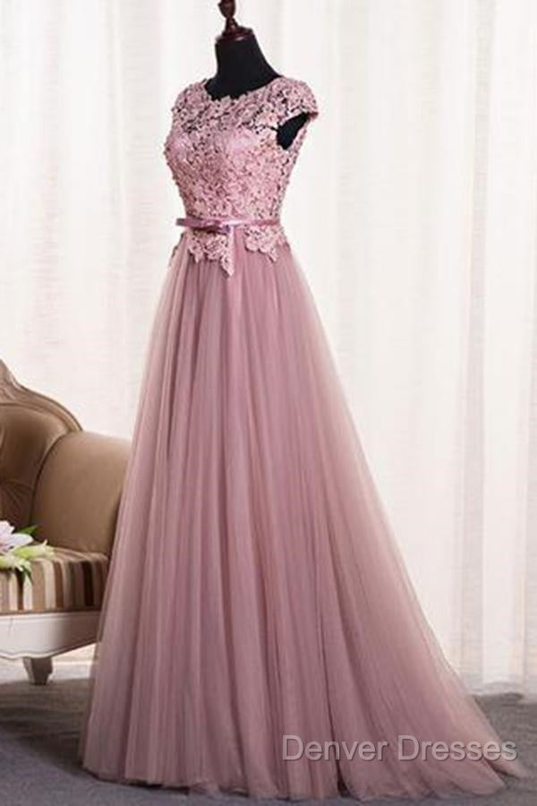 A-Line/Princess Sash Tulle Floor-Length Lace Prom Dress
