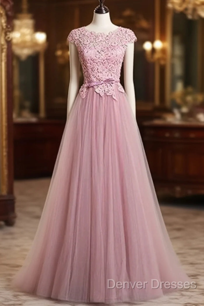 A-Line/Princess Sash Tulle Floor-Length Lace Prom Dress Main image